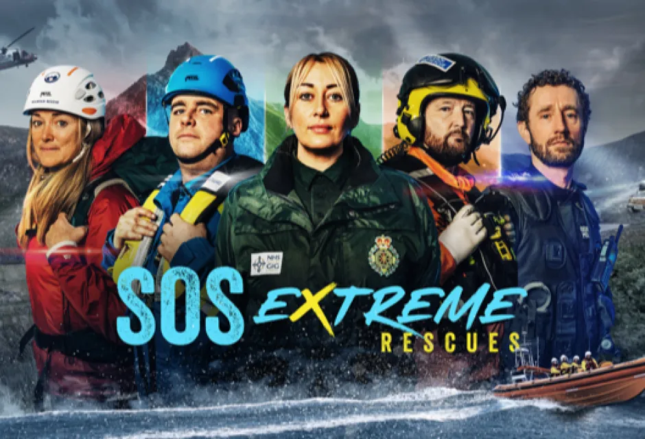 Promotion shot for SOS Extreme Rescues - Representatives from Mountain Rescue, HM Coastguard, ambulance, RNLI and police, with Snowdonia backdrop