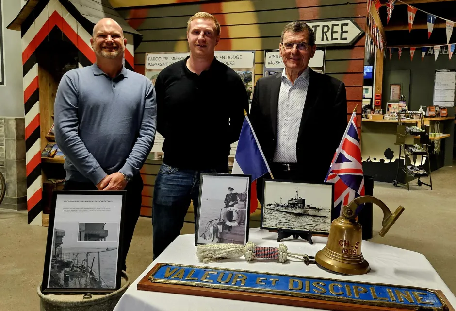 Pictured at the museum are Receiver of Wreck Steve White, Museum Director Godefroy Beaussire and Mayor of Carentan Jean-Pierre L’Honneur