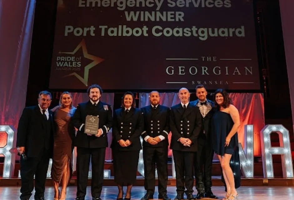 Port Talbot Coastguard Rescue Team on stage receiving their award