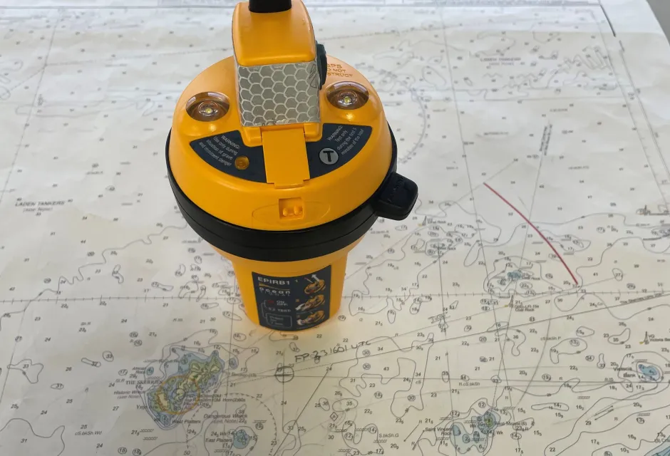 An EPIRB placed on a map showing where Chris Cowlard was rescued