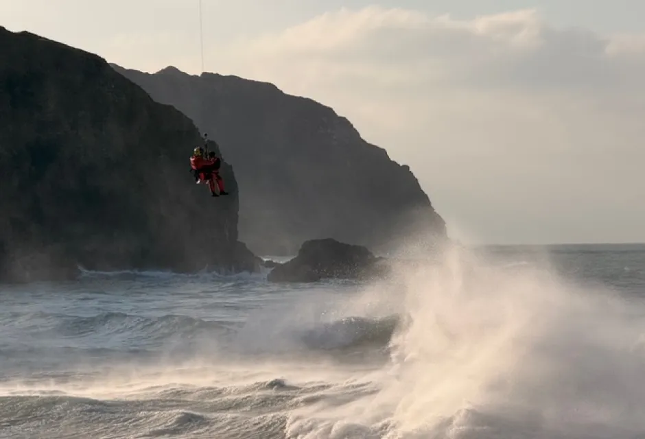 HM Coastguard Search and Rescue Helicopter R924 effects a rescue at Perranporth. December 2025. 